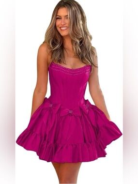 scoop strapless pleated a-line short homecoming dress color Fuchsia
